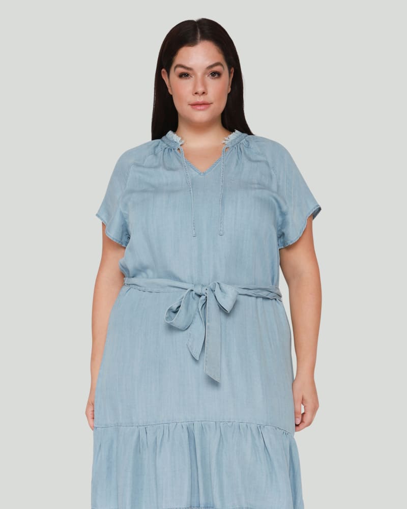 Front of a model wearing a size 0X Leah Tencel Tie Waist Mini Dress in Light Blue Wash by DEX PLUS. | dia_product_style_image_id:268451